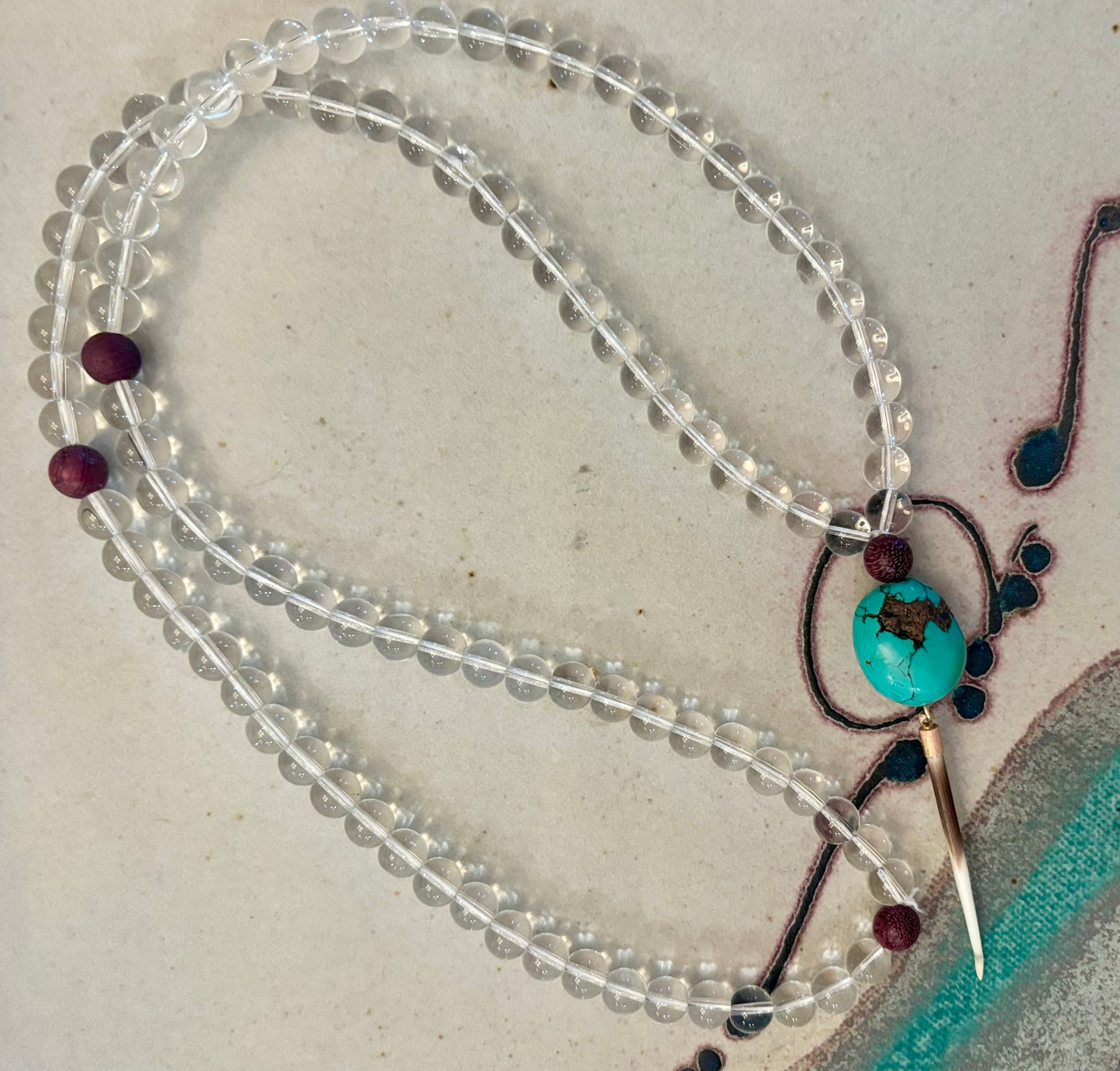 Roots and Sky Necklace- Clear Quartz and Turquoise Stones Olive Wood Beads