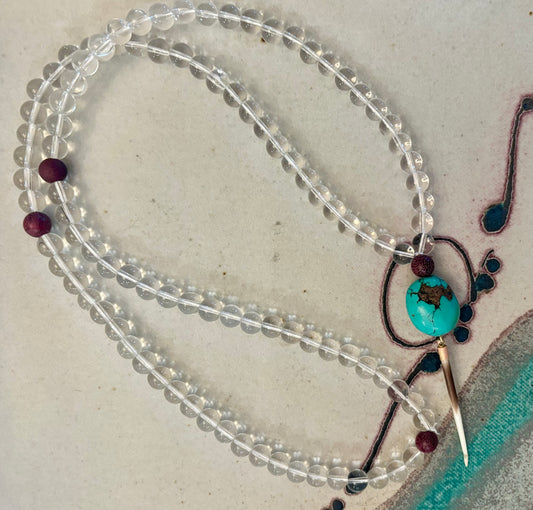 Roots and Sky Necklace- Clear Quartz and Turquoise Stones Olive Wood Beads