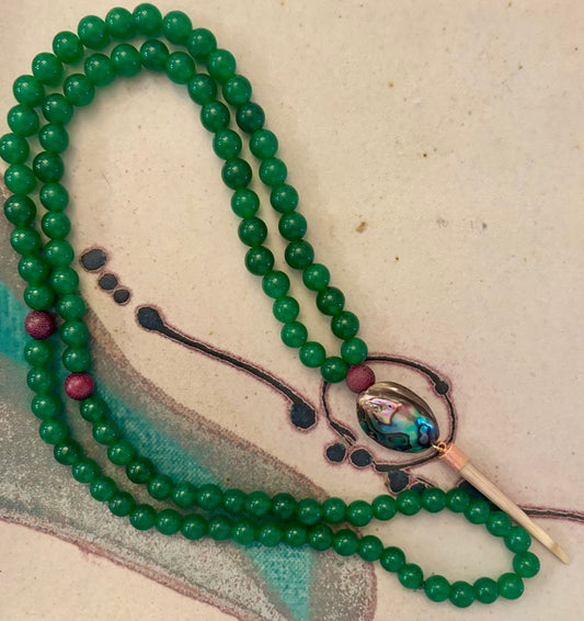 Aqua Terra Necklace - Green Agage Stones, Olive Wood Beads, Abalone Shell