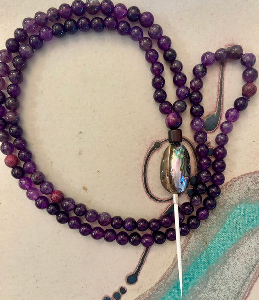 Auralis Necklace - Amethyst stone wood and Abalone Shell