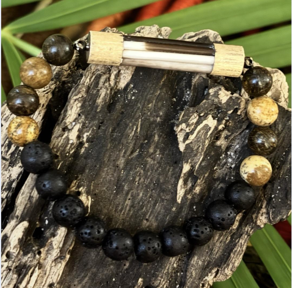 Lava Bead, Jasper and Bronzite Bracelet- Leopard Tortoise Collection