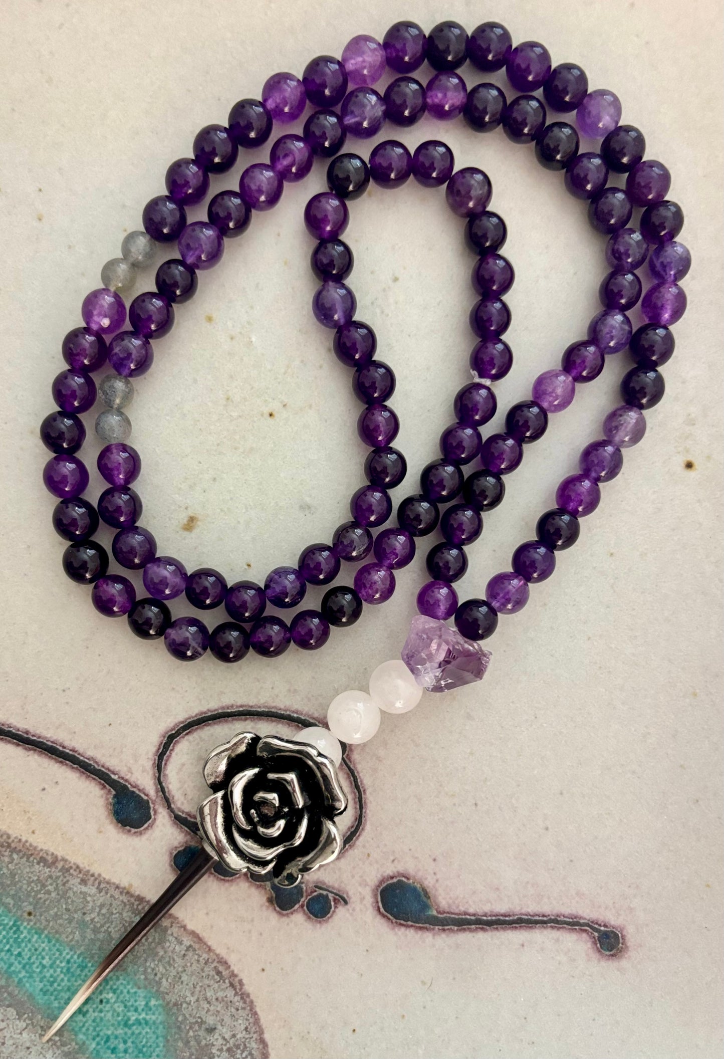 Sacred Bloom Mala- Amethyst, Labradorite, Rose Quartz Stones  