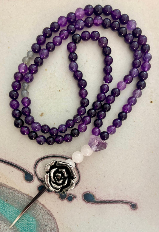 Sacred Bloom Mala- Amethyst, Labradorite, Rose Quartz Stones  